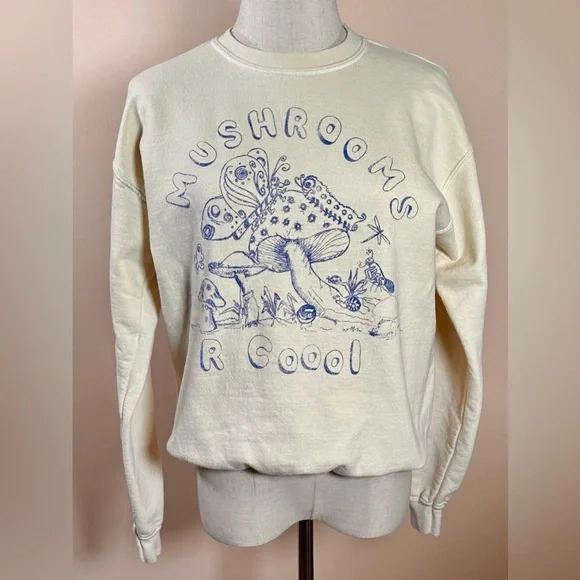 Urban Outfitters Mushroom Girl Graphic Sweatshirt Cream Blue Cottagecore Top - Picture 3 of 9